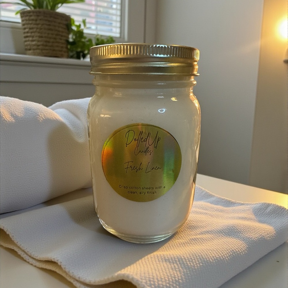 16oz Fresh Linen Soy Candle | Handmade Mason Jar Candle | Clean Cotton Scent